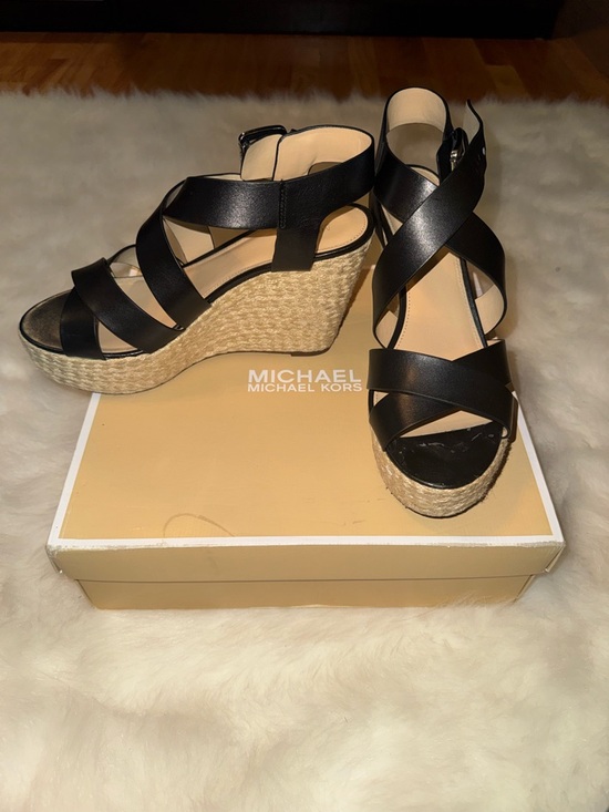 Michael Kors Black Leather Crisscross Wedge Sandals - Picture 3 of 8